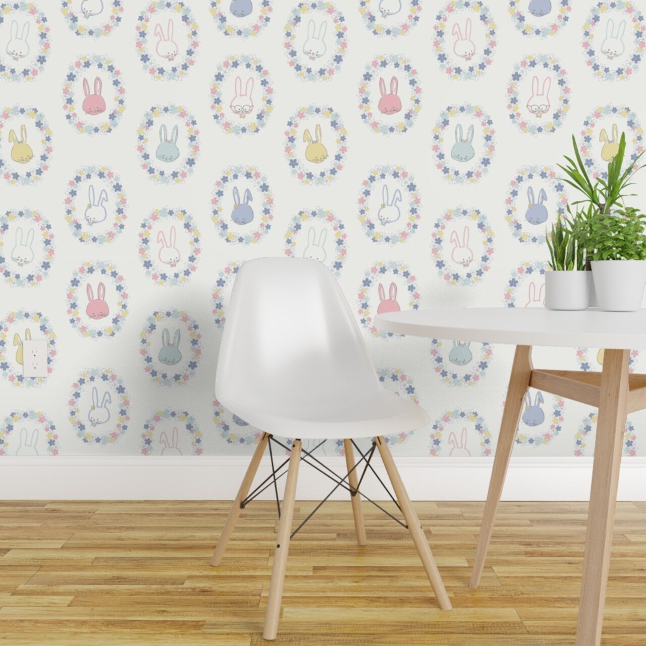 Peel &#x26; Stick Wallpaper 2FT Wide Easter Bunnies Pastel Floral Spring Flowers Periwinkle Lilac Blue Pink Ivory Garden Hand Drawn Whimsical Rabbits Custom Removable Wallpaper by Spoonflower